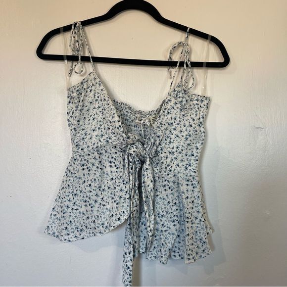 Tops - NWT Poof New York White & Blue Floral Tie Spaghetti Strap Tank Top Shirt